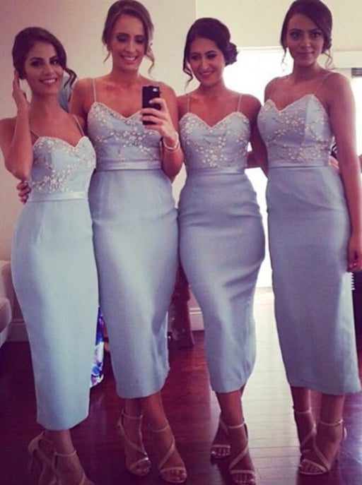 Chic Sheath Spaghetti Straps Ankle-Length Light Blue Bridesmaid Dresses - Bridesmaid Dresses