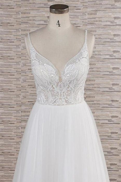 Chic Spaghetti Strap Appliques Tulle Wedding Dress - Wedding Dresses