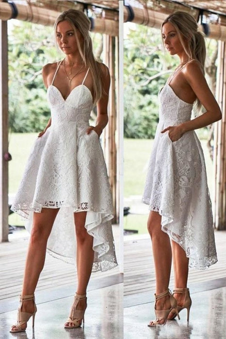 Chic White High-Low Dress Spaghetti Straps Lace Homecoming Gown - Prom Dresses