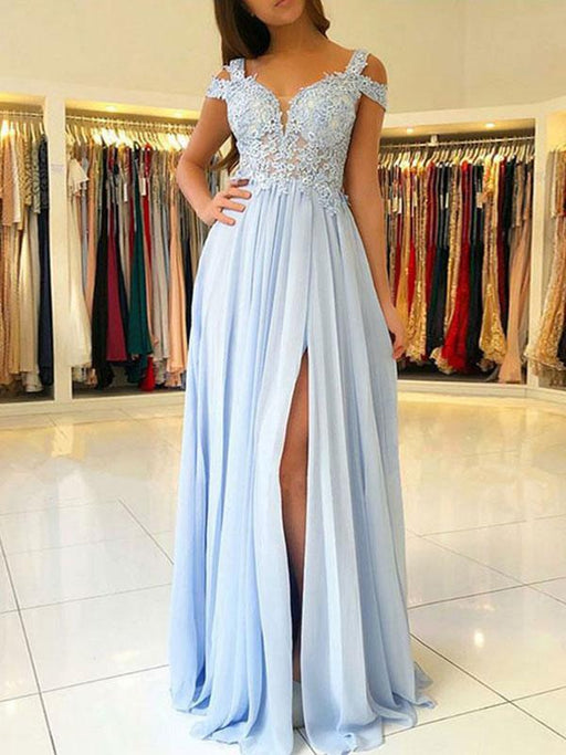 Chiffon Evening Dress A Line V Neck Floor Length Split Front Party Dresses Prom Dresses(APP ExclusivePrice  $149.99)