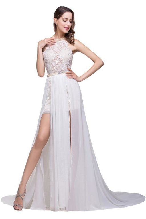 Chiffon Halter Sleeveless A-line Sweep/Brush Train With Lace Dresses - Prom Dresses