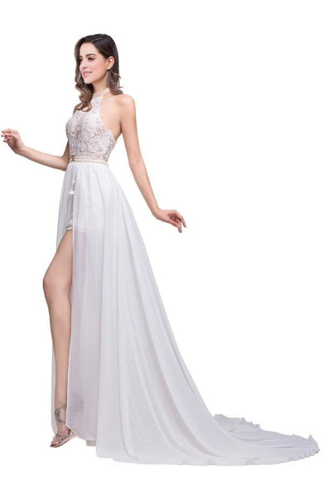 Chiffon Halter Sleeveless A-line Sweep/Brush Train With Lace Dresses - Prom Dresses