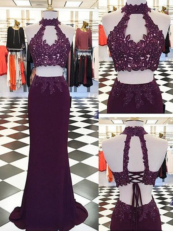 Chiffon Halter Sleeveless Floor-Length With Applique Two Piece Dresses - Prom Dresses