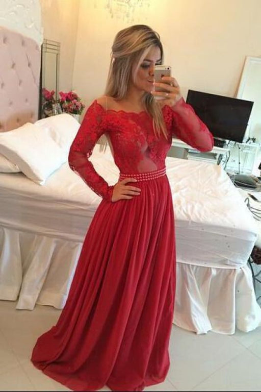 Chiffon Pearls Beaded Red Fuchsia Sheer A-line Evening Gowns - Prom Dresses