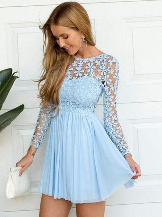 Chiffon Scoop Long A-line Sleeves Short/Mini With Lace Dresses - Prom Dresses