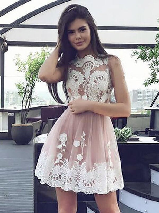 Chiffon Scoop Sleeveless A-line Short/Mini With Lace Prom Dresses - Prom Dresses