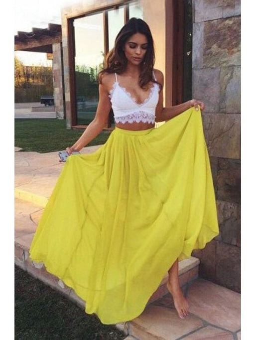 Chiffon Straps Sleeveless Floor-Length With Lace Two Piece Dresses - Prom Dresses