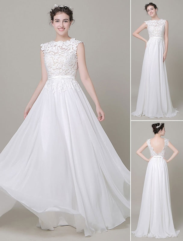 Chiffon Wedding Dress Bateau Lace Satin Sash Floor Length A Line summer Bridal Dress