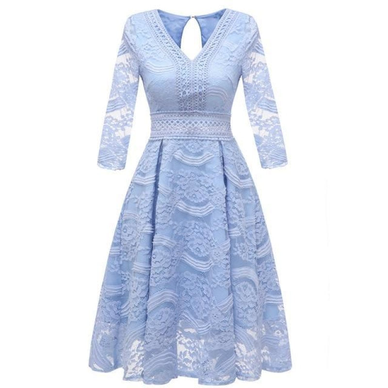 Christmas Women Street Lace 3/4 Sleeve Dresses - Sky blue / S - lace dresses