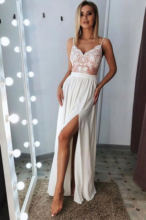 Classic A Line Spaghetti Straps Split Prom Dresses Long with Lace Appliques - Prom Dresses