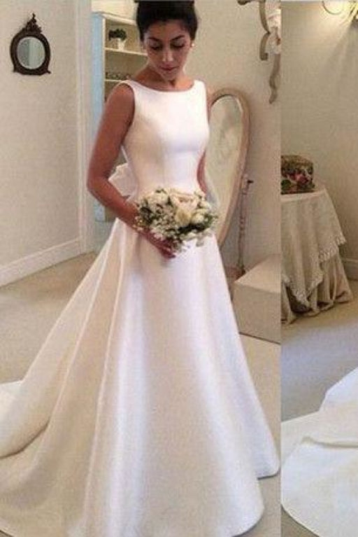 Classic Satin A Line Long Backless Wedding Dress - Wedding Dresses