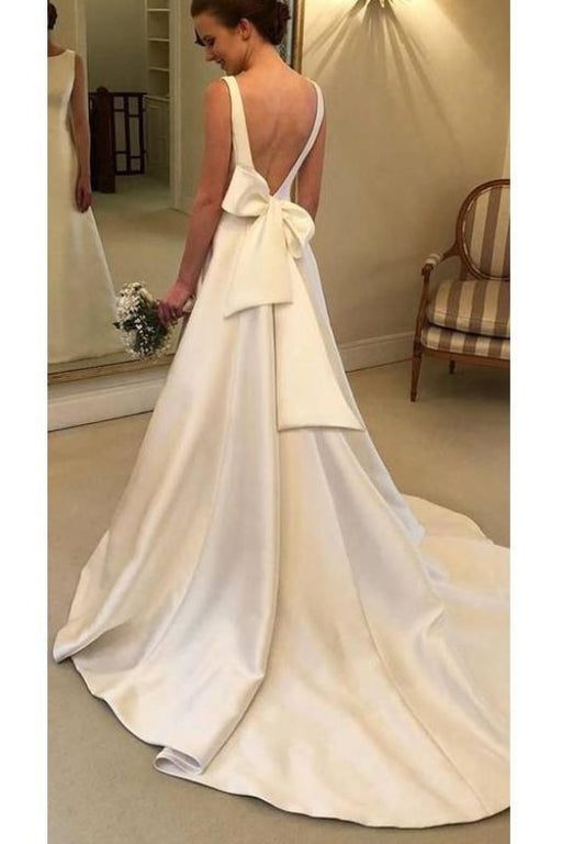 Classic Satin A Line Long Backless Wedding Dress - Wedding Dresses