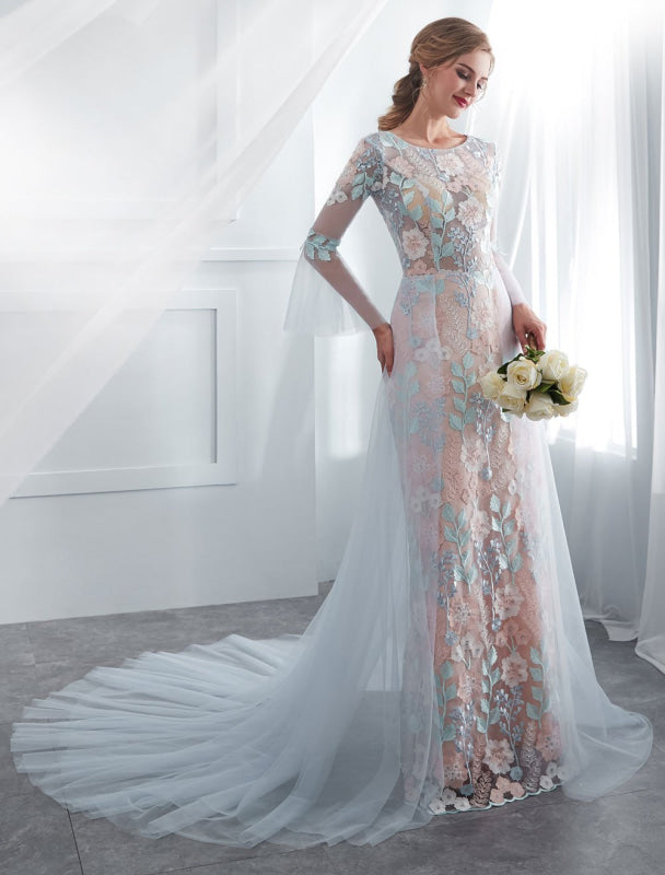 blue wedding dress long sleeve Dresses Lace Bridal With Train-Bridelily DressesJune2026 Fresh and extremely feminine Corset Long Quinceanera Ball Color:Marina Navy