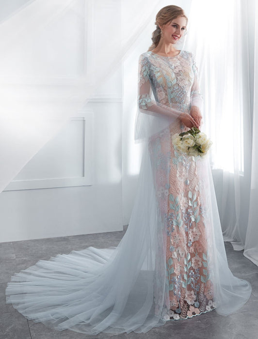 Wedding Dresses Lace Long Sleeve Bridal Dress With Train-Bridelily Wedding Dresses Lace Long Sleeve Bridal Dress With Train-Bridelily