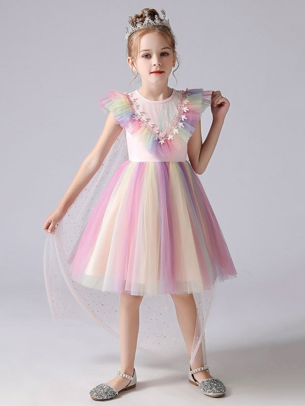 Pink Flower Girl Dresses Jewel Neck Short Sleeves Kids Social Party Dresses Princess Dress