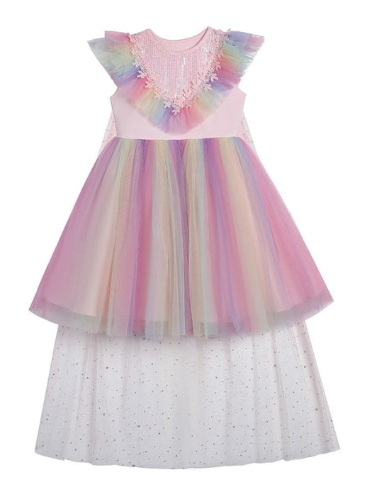 Pink Flower Girl Dresses Jewel Neck Short Sleeves Kids Social Party Dresses Princess Dress