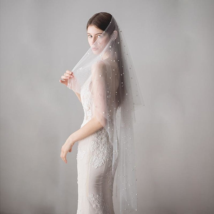 1.2M One Layer Ivory Pearl Beaded Soft Wedding Veils | Bridelily - wedding veils