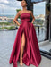 Custom Made A Line Burgundy Satin Long Prom Dresses with High Slit, Burgundy High Slit Long Formal Dresses Evening Dresses, Burgundy Graduation Dresses