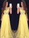 Custom Made A Line Round Neck Lace Yellow Chiffon Long Prom Dresses, Yellow Lace Graduation Dresses, Formal Evening Dresses