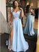 Custom Made Cap Sleeves Light Blue Prom Dresses with Side Slit, Light Blue Long Evening Dresses, Light Blue Formal Dresses