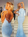 Custom Made Mermaid Backless Lace Light Blue Prom Dresses, Light Blue Mermaid Formal Dresses, Light Blue Lace Evening Dresses