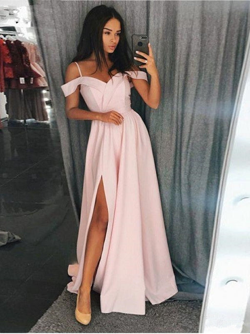 Custom Made Off Shoulder Pink/Gray Prom Dresses, Pink/Gray Formal Dresses with Leg Slit, Graduation Dresses