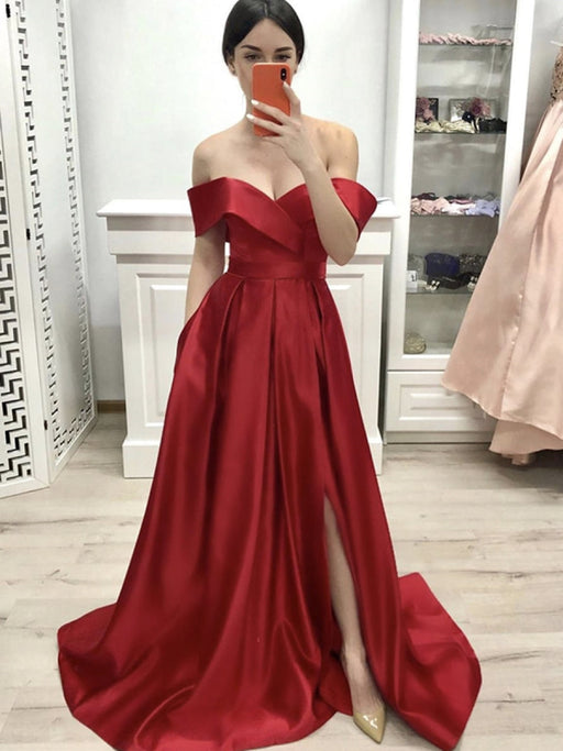 Custom Made Off Shoulder Red Satin Long Prom with Slit, Off the Should Bridelily Custom Made Off Shoulder Red Satin Long Prom with Slit, Off the Should Bridelily