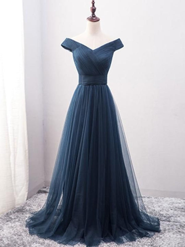 Custom Made Off Shoulder Tulle Navy Blue Long Prom Dresses, Navy Blue Formal Dresses, Evening Dresses