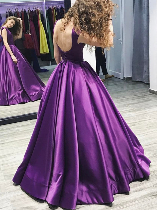 Custom Made Purple Scoop Neck Backless Satin Long Ball Gown Prom, Puep — Bridelily