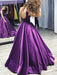 Custom Made Purple Scoop Neck Backless Satin Long Ball Gown Prom Dresses, Pueple Backless Evening Dresses