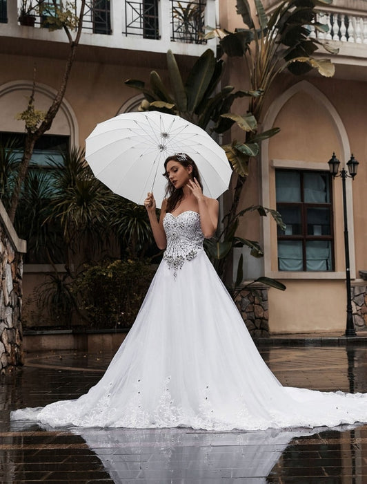 Customize Wedding Dress A-Line Sweetheart Neck Sleeveless Natural Waist With Train Bridal Dresses