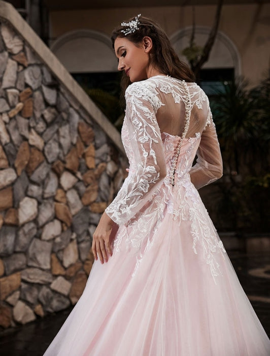 Customize Wedding Dress With Train A-Line Long Sleeves Satin Fabric Jewel Neck Bridal Gowns