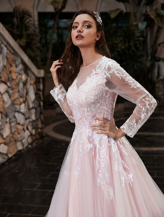 Customize Wedding Dress With Train A-Line Long Sleeves Satin Fabric Jewel Neck Bridal Gowns
