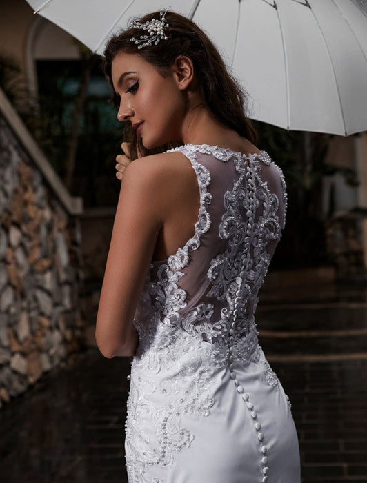 Customize Wedding Dress With Train Sleeveless Beaded Square Neck Bridal Gowns