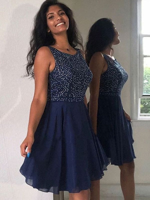 Cute A Line Round Neck Beaded Navy Blue Short Prom Homecoming, Navy Bl Bridelily Cute A Line Round Neck Beaded Navy Blue Short Prom Homecoming, Navy Bl Bridelily