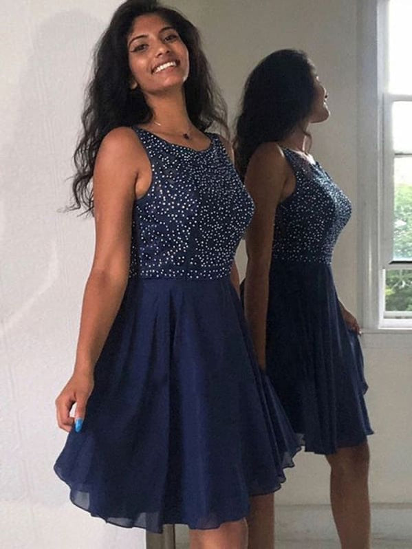 Cute A Line Round Neck Beaded Navy Blue Short Prom Homecoming, Navy Bl ...