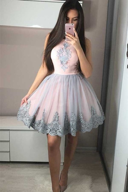 Cute A-Line Round Neck Pink Homecoming with Appliques Short Prom Dress - Prom Dresses