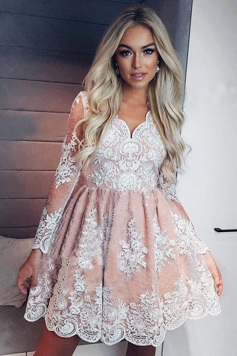 Cute A-Line V-neck Long Sleeves Short Homecoming Dress with Lace Appliques - Prom Dresses
