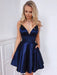 Cute A Line V Neck Navy Blue Satin Short Prom Dresses, V Neck Navy Blue Homecoming Dresses, Navy Blue Formal Graduation Evening Dresses