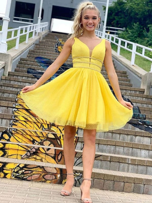 Cute A Line V Neck Yellow Short Prom Homecoming with Thin Belt, Yellow Bridelily Cute A Line V Neck Yellow Short Prom Homecoming with Thin Belt, Yellow Bridelily