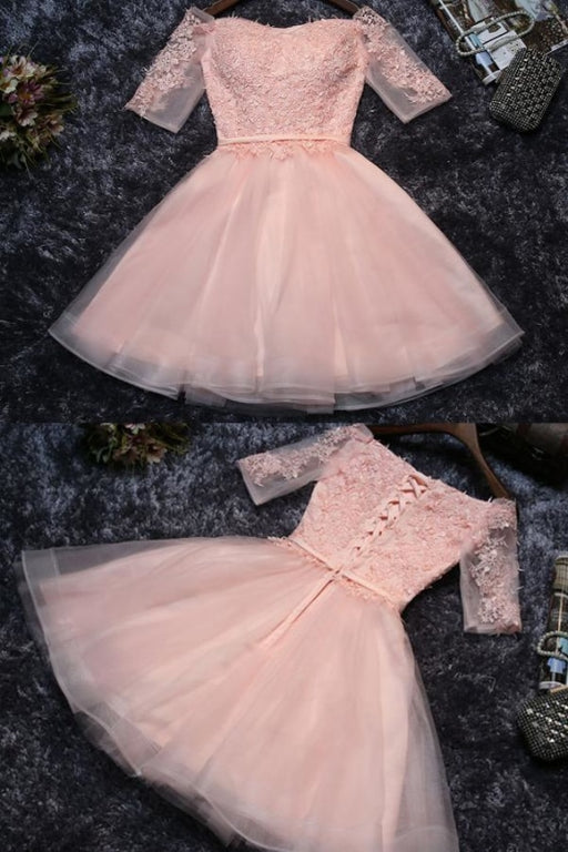 Cute Appliques Tulle Half Sleeves Short Prom Mini Off-shoulder Homecoming Dress - Prom Dresses
