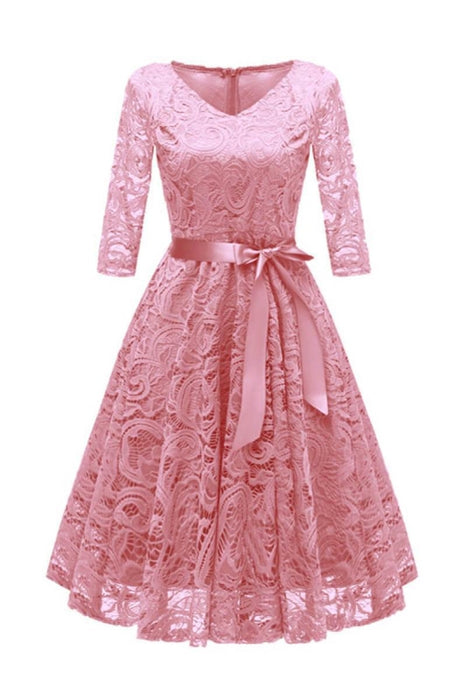 Cute Autumn Long Sleeve V-Neck Women Lace Dresses - Pink / S - lace dresses