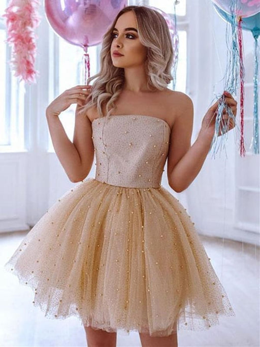 Cute Beaded Champagne Tulle Short Prom Dresses, Champagne Formal Gradu Bridelily Cute Beaded Champagne Tulle Short Prom Dresses, Champagne Formal Gradu Bridelily