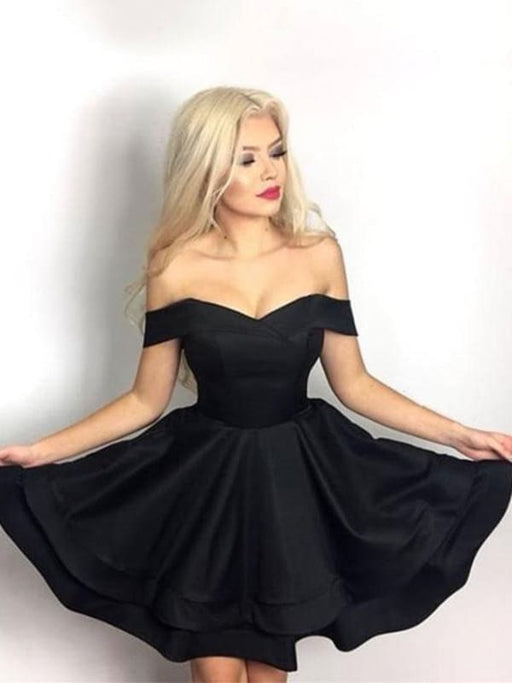 Cute Black Off Shoulder Layered Satin Short Prom Homecoming, Off Shoul Bridelily Cute Black Off Shoulder Layered Satin Short Prom Homecoming, Off Shoul Bridelily