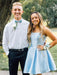 Cute Blue Satin Short Prom Homecoming Dresses with Pocket, Short Blue Formal Graduation Evening Dresses 