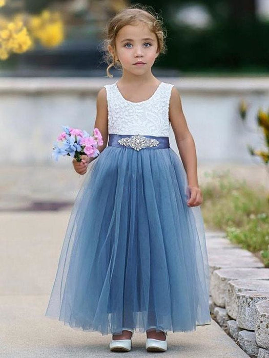 Blue Flower Girl Dresses Jewel Neck Sleeveless Sash Kids Party Dresses