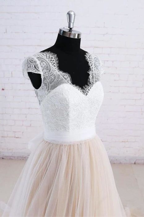Cute Bow Lace V-neck Tulle A-line Wedding Dress - Wedding Dresses