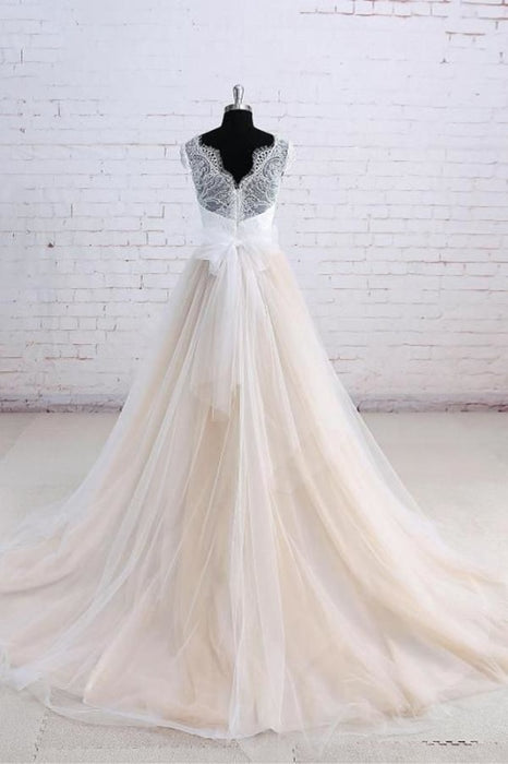 Cute Bow Lace V-neck Tulle A-line Wedding Dress - Wedding Dresses