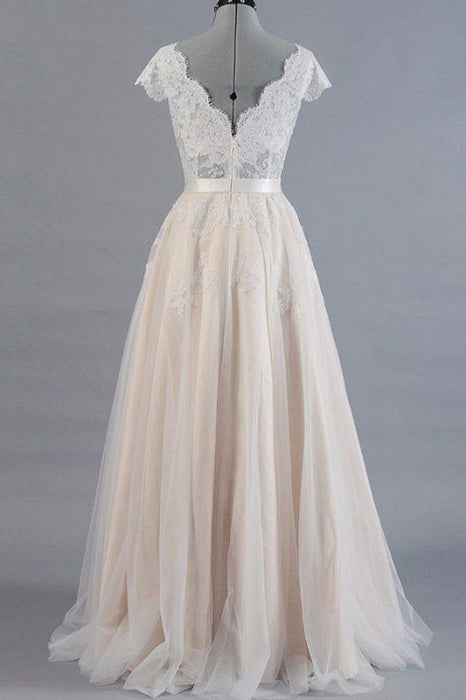 Cute Cap Sleeve V-neck Lace Tulle Wedding Dress - Wedding Dresses