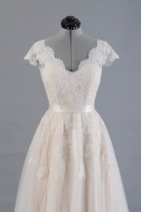 Cute Cap Sleeve V-neck Lace Tulle Wedding Dress - Wedding Dresses